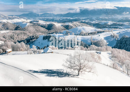 Starker Schneefall in Rumänien in der Kleie Rucar Pass in Siebenbürgen in der Nähe von Brasov und Sinaia Stockfoto