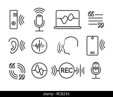 Spracherkennung Symbole. Telefon gespräch lineare Symbole, Sprache und Gehör Befehl Piktogramme. Sound Technologie vektor Zeichen Stock Vektor