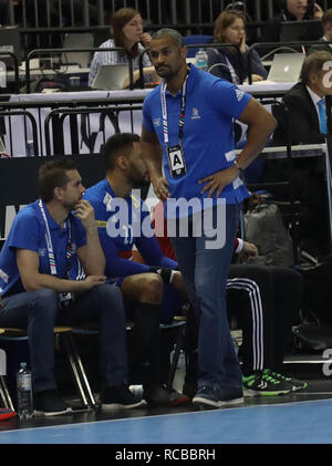 Berlin, Deutschland. 14. Jan 2019. Guillaume Gille und Didier Dinart (Französisch) während der IHF Männer Wm 2019: Gruppe A handball Match zwischen Frankreich und der Republik Korea Am 14. Januar 2019 in der Mercedes-Benz Arena in Berlin, Deutschland - Foto Laurent Lairys/DPPI Credit: Laurent Lairys/Agence Locevaphotos/Alamy leben Nachrichten Stockfoto