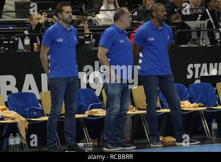 Berlin, Deutschland. 14. Jan 2019. Guillaume Gille und Didier Dinart (Französisch) während der IHF Männer Wm 2019: Gruppe A handball Match zwischen Frankreich und der Republik Korea Am 14. Januar 2019 in der Mercedes-Benz Arena in Berlin, Deutschland - Foto Laurent Lairys/DPPI Credit: Laurent Lairys/Agence Locevaphotos/Alamy leben Nachrichten Stockfoto