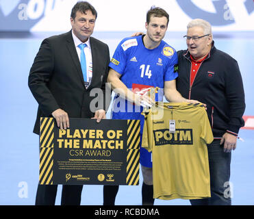 Berlin, Deutschland. 14 Jan, 2019. Handball IHF Men's World Championship: Kentin Mahe für Frankreich ist Spielerin des Spiels: Mickael Chavet/Alamy Leben Nachrichten gestimmt. Stockfoto