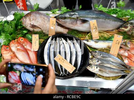 (190112) - Peking, Jan. 15, 2019 (Xinhua) - ein Besucher nimmt Fotos von Meeresfrüchten aus Japan an der ersten China International Import Expo (CIIE) in Shanghai, China, November 6, 2018. Chinas Außenhandel um 9,7 Prozent auf ein Allzeithoch von 30,51 Billionen Yuan (etwa 4,5 Billionen US-Dollar) im Jahr 2018, die allgemeine Verwaltung der Zollverfahren (GAC), sagte Montag. Die Exporte um 7,1 Prozent auf 16,42 Billionen Yuan letztes Jahr, während die Importe um 12,9 Prozent auf 14,09 Billionen Yuan wuchs, was die Handelsbilanz mit einem Überschuss von 2,33 Billionen Yuan, die um 18,3 Prozent verringert. Ex Stockfoto