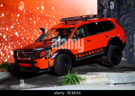 Detroit, Michigan, USA. 14 Jan, 2019. Kia enthüllt die Telluride SUV während der North American International Auto Show in Detroit, Michigan, USA am 14.01.2019. Credit: Elaine Cromie/Xinhua/Alamy leben Nachrichten Stockfoto