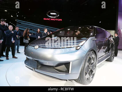 Detroit, USA. 14 Jan, 2019. Guangzhou Automobile Group Motor Co., Ltd. (GAC) macht Debüt von konzeptfahrzeug Entranze während der 2019 North American International Auto Show (NAIAS) in Detroit, USA, 14.01.2019. Credit: Wang Ping/Xinhua/Alamy leben Nachrichten Stockfoto