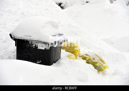 10 Januar 2019, Sachsen, Schönheide: Mülltonnen und gelbe Säcke in eingeschneit sind auf eine Eigenschaft in Schönheide in Sachsen. Im Winter, Müllabfuhr haben oft eine harte Zeit die Umladung der Container. Foto: Volkmar Heinz/dpa-Zentralbild/ZB Stockfoto