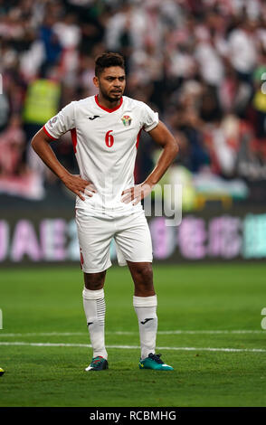 Januar 15, 2019: Saeed Murjan von Jordanien in Palästina v Jordanien an der Mohammed Bin Zayed Stadion in Abu Dhabi, Vereinigte Arabische Emirate, AFC Asian Cup, asiatische Fußball-Meisterschaft. Ulrik Pedersen/CSM. Stockfoto