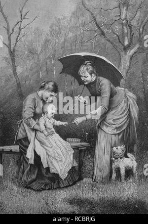 Mutter mit Tante und ein Kind in einem Garten an einem Sonntagnachmittag, historische Gravuren, 1880 Stockfoto