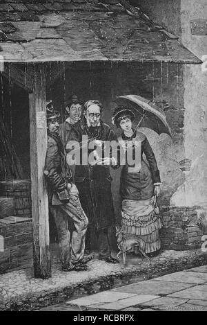 Sommer-Urlauber kommt man raus aus dem Regen, historische undercover Gravur, 1883 Stockfoto