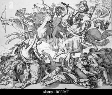 Die Fahrt der vier Reiter der Apokalypse, historische Gravuren, 1883 Stockfoto