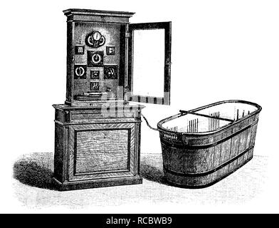 Hydroelektrische Badezimmerschrank mit Batterie- und Regeleinrichtungen, historische Gravuren, ca. 1885 Stockfoto