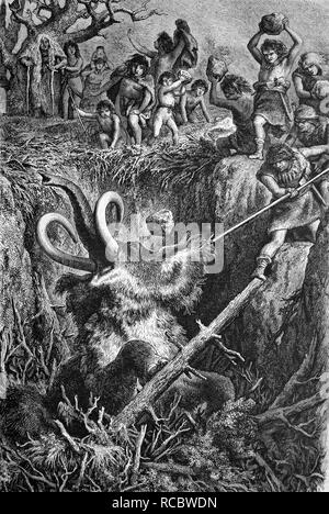 Europäische Höhlenmenschen Jagd ein Mammut, historische Gravieren von 1883 Stockfoto