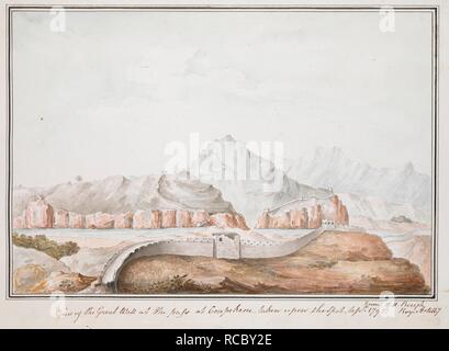 Blick auf die Große Mauer bei den Pass von Coupékeou: auf der Stelle Sept. r 1793 genommen. /H. W. Pfarrei Roy. Artill. y. . Eine Sammlung von 80 Ansichten, Karten, Porträts und Zeichnungen zur Veranschaulichung der Botschaft geschickt zu China unter George, Earl von Macartney, 1793; hauptsächlich gezeichnet von William Alexander, einige von Sir John Barrow, Bart., einige von Sir Henry Woodbine Pfarrei, und ein von William Gomm. Viele von ihnen sind in Sir George Staunton's Erzählung von der Botschaft, im Jahr 1797 veröffentlichten eingraviert. Aus einer Reihe von vier Zeichnungen im Zuge des Herrn Macartney Botschaft in China produziert. In Staunton, Atla eingraviert Stockfoto