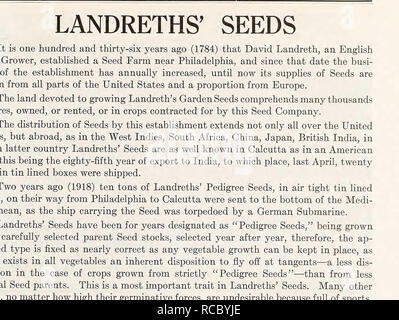 . D. Landreth Seed Company: [Katalog]. Baumschulen (Gartenbau); Baumschulen; Blumen; Samen; Gemüse; Saatgut Industrie und Handel; Landreth, D. Seed Company; Samen; Blumen; Samen; Gemüse; Samen; Saatgut Industrie und Handel; Industrie und Handel. Zufrieden ZU SEIN UM VON LANDRETH. Teilweise mit Blick auf die bloomsdale Studie, 1919. Saatgutprüfung für Vitalität und Reinheit kommen Sie und sehen Sie, wie es von landreth nach einer Erfahrung in der Prüfung von 136 Jahren beobachtet werden, dass bei der Prüfung von Garten Samen gibt es zwei Standards an, Keimen, Leistung und Qualität des Ernteguts zum Ziel gemacht, und es kann sein Stockfoto