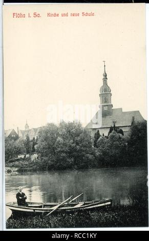 11261 - Flöha-1910-Kirche und neue Schule - Stockfoto