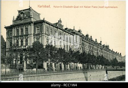 11727 - Karlsbad-1910 - Kaiserin Elisabeth-Quai - Kaiser Franz Josef Gymnasium - Stockfoto