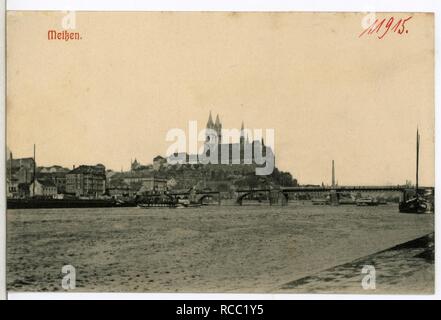 11915 - Meißen-1910 - Blick über die Elbe in Meißen mit Burgberg - Stockfoto