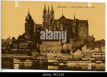 12057 - Meißen - Albrechtsburg und Dom-1910-Elbe mit Schlepper - Stockfoto