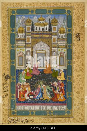 Sufis tanzen und Unterdrücken vor sechs Shaikhs, die in einem halb Sit-Kreis auf einem geblümten Teppich, jedes in einem Jama unter einem persischen Stil Mantel mit langen Ärmeln angezogen. Die Struktur von einem Palast oder Schrein hinter Ihnen hat Nischen und gold Türmchen geschmückt. 1650-1655. Opak Aquarell. Quelle: J. 7,3. Autor: MUHAMMAD NADIR AL-SAMARQANDI. Stockfoto
