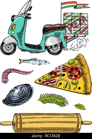 Satz von Pizza und Zutaten zum Kochen. Scooter Motorrad oder Transport, Rolling Pin Meeresfrüchte. Hand gezeichnete Vorlage für Menü im Restaurant. Vintage Skizze Doodle Stil. Stock Vektor
