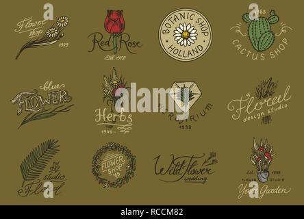 Flower Shop Embleme und Logos. Vintage Bouquet. Gartenarbeit Zeichen und retro Label. Hand gezeichnet Abzeichen. Florale vorlagen. Stock Vektor