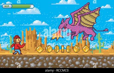 Spiel Szene. Pixel-art 8 bit Objekte. Jump 'n Run Video Interface. Retro Lage. Wolken, Berge, Dragon und Charakter. Vintage Computer video Arkaden. Vector Illustration. Hintergrund für die Website. Stock Vektor