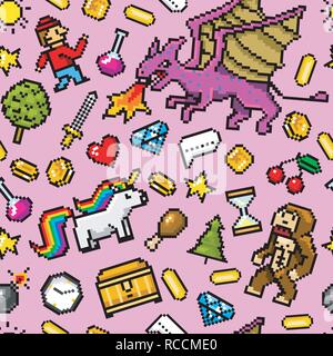 Pixel-art 8 bit Objekte nahtlose Muster. Retro Game Assets. Reihe von Icons. Vintage Computer video Arkaden. Zeichen Dinosaurier pony Rainbow unicorn Schlange Drache Monkey und Münzen, Trophy Sieger. Stock Vektor