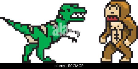 Pixel-art 8 bit Objekte. Zeichen Dinosaurier und Affe. Retro Game Assets. Satz von Symbolen. Vintage Computer video Arkaden. Vector Illustration. Stock Vektor