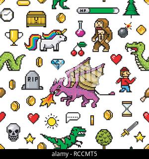 Pixel-art 8 bit Objekte nahtlose Muster. Retro Game Assets. Reihe von Icons. Vintage Computer video Arkaden. Zeichen Dinosaurier pony Rainbow unicorn Schlange Drache Monkey und Münzen, Trophy Sieger. Stock Vektor