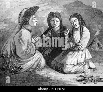 Kalchas Frauen in der Mongolei, historische Illustration, Holzschnitt, ca. 1888 Stockfoto