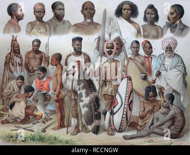 Ethnischen Gruppen Afrikas: 1 Ashanti, 2 Loango Frau, 3 Kamerun, 4 Baluba, 5 Abessinier Somali, 6 Frau, 7 Howa, 8 Herero Frauen Stockfoto