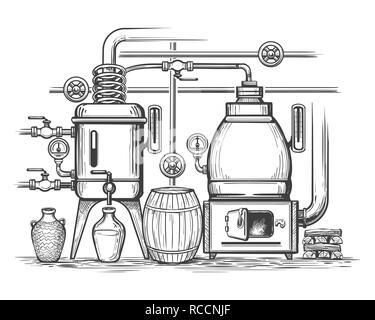 Distillery Skizze. Retro stille Gin oder Whiskey Alkohol Destillation, Ausrüstung, Whisky moonshine Gravur Alembic, Vector Illustration Stock Vektor