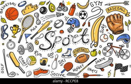 Satz von Sport icons doodle Stil. Ausrüstung für Fitness und Training. Symbole für Gesundheit und Aktivität. Tennis und Fußball, Basketball. Spiele für den Sport und die Leibeserziehung. Hintergrund für die Website. Stock Vektor