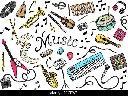 Satz musikalische Symbole und Icons. Gitarre Schlagzeug Klavier, kreative Werkzeuge und Hobbys. Vintage skizzieren Skizze für Werbebanner. Bildung Konzept. Zurück zu Hintergrund Schule. Hand Doodle Art gezeichnet. Stock Vektor