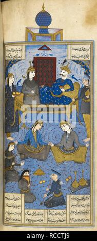 Bahram Gur mit der Prinzessin von Khvarazm im Blauen Pavillon. . Nizami die Khamsa ('Fünf Gedichte"). Isfahan, Iran, 1665-1667. Quelle: Hinzufügen. 6612, f. 175 v. Sprache: Persisch. Autor: NIZAMI. Talib Lala. Stockfoto