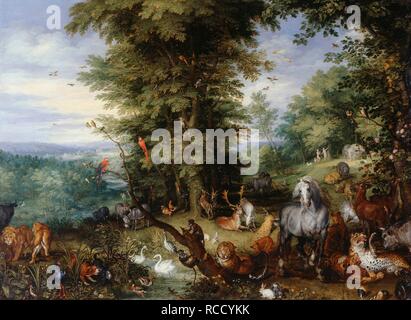 Adam und Eva im Garten Eden. Museum: Royal Collection, London. Autor: Brueghel der Ältere, jan. Stockfoto