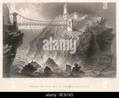 South Stack Lighthouse. Die Häfen, Bewässerung - Orte und Küste sc. London: George Tugend, 1842. Brücke zu den South Stack Leuchtturm, in der Nähe von Holyhead". Die 91 ft Leuchtturm wurde 1809 erbaut und von David Alexander konzipiert. Es ist auf der heiligen Insel an der Nordwestküste von Anglesey, Nordwales gelegen. Bild aus den Häfen getroffen, Bewässerung - Orte und Küste Landschaft von Großbritannien. Illustriert von Ansichten auf der Stelle übernommen, die mit W. H. Bartlett, mit Beschreibungen von William Beattie. (Findens Aussicht auf die Häfen, Hafenanlagen und Tränken von Großbritannien. vol. 1: Ansichten von Messr Stockfoto