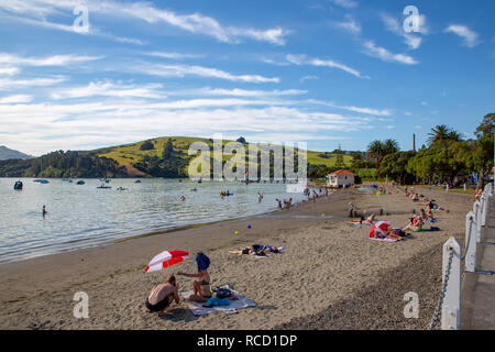 Akaroa, Neuseeland - 6. Januar 2019: Urlauber Abkühlung in der Bucht an einem sommerlichen Abend Stockfoto