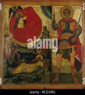 Der Prophet Elija und die feurigen Wagen. Saint Demetrius von Thessaloniki. Museum: Staatliche Eremitage, St. Petersburg. Thema: russische Ikone. Stockfoto