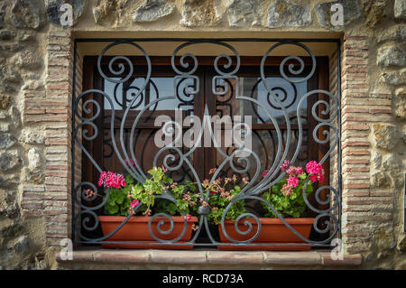 Sehr reich verzierten schmiedeeisernen Sicherheit Grill für Pflanzen auf einem Fenstersims und Fenster in einem französischen Haus Fenster Stockfoto