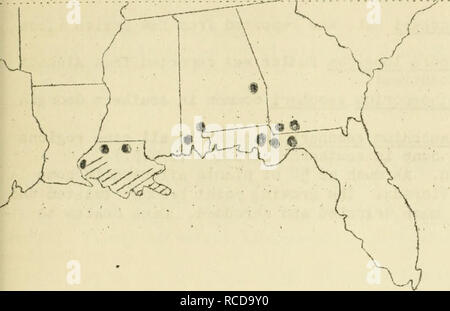 . Krankheiten aus Baumwolle, Zuckerrohr, Wald, Bäume, Zierpflanzen und verschiedene Pflanzen in den Vereinigten Staaten im Jahre 1919. Fibre Pflanzen Krankheiten und Schädlinge United States; Zucker Pflanzen Krankheiten und Schädlinge United States; Bäume Krankheiten und Schädlinge United States; Pflanzen, Zierpflanzen Krankheiten und Schädlinge in den Vereinigten Staaten. Rot Rot und roten Streifen verursacht ly Golletot: richuni faloaturo 28 G. Rot Rot und roten Streifen wurden aus Georgia, Florida, Alatama, Louisiana und Texas berichtet. In Louisiana die Krankheit weit verbreitet war. In atundant Alatama es war. Grube.. 5*^. Zeigt die Lage der Gebiete, die von rot rot im südlichen Zuckerrohr. Stockfoto