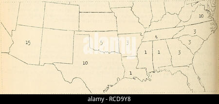 . Krankheiten aus Baumwolle, Zuckerrohr, Wald, Bäume, Zierpflanzen und verschiedene Pflanzen in den Vereinigten Staaten im Jahre 1919. Fibre Pflanzen Krankheiten und Schädlinge United States; Zucker Pflanzen Krankheiten und Schädlinge United States; Bäume Krankheiten und Schädlinge United States; Pflanzen, Zierpflanzen Krankheiten und Schädlinge in den Vereinigten Staaten. Abb. 47""^^^^^^^ vorhanden bekannte iieoj raphical Verteilung der Qzonium omnivo-rum auf Baumwolle nach Aufzeichnungen über die Pflanzenschutzmittel Krankheit Umfrage.. Abb. 4^. Geschätzte prozentuale Reduzierung der Ertrag aus allen anderen Erkrankungen als colletotrichum, willst, eckig Laib Spot und Root Knoten. Unter den Krankheiten conce Stockfoto