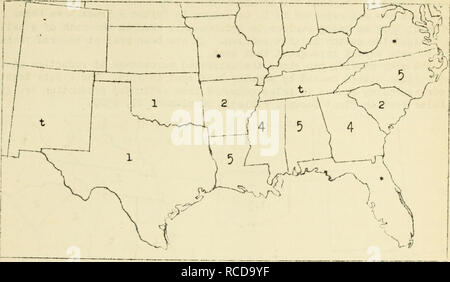 . Krankheiten aus Baumwolle, Zuckerrohr, Wald, Bäume, Zierpflanzen und verschiedene Pflanzen in den Vereinigten Staaten im Jahre 1919. Fibre Pflanzen Krankheiten und Schädlinge United States; Zucker Pflanzen Krankheiten und Schädlinge United States; Bäume Krankheiten und Schädlinge United States; Pflanzen, Zierpflanzen Krankheiten und Schädlinge in den Vereinigten Staaten. 278 Die beigefügte Karte zeigt den geschätzten Prozentsatz der Verringerung der Ertrag in den verschiedenen Mitgliedstaaten durch willst 1919 • Diese Daten verursacht wurden, zusammen mit entsprechenden Verlusten in Ballen von der geschätzten Erzeugung berechnet werden in Tabellenform in Pflanzenkrankheiten Bulletin Supplement 12, ich 92 O. gegeben. Abb. 44. Stockfoto
