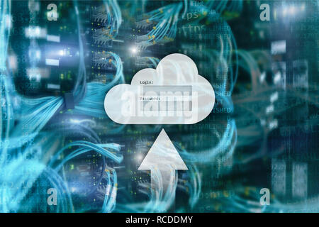 Cloud Storage, Datenzugriff, Login und Passwort anfordern Fenster im Serverraum Hintergrund. Internet und Technologie Konzept. Stockfoto