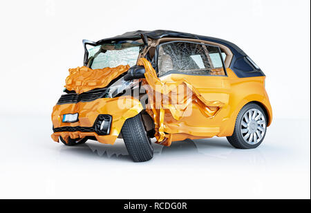 Einziges Auto zusammenstieß. Gelb City Car havily beschädigt auf dem vorderen Teil. Auf weissem Hintergrund. Perspektive betrachten. Stockfoto