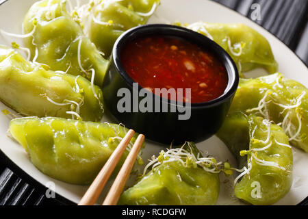 Grüner japanischer Gyoza-teigtaschen mit Matcha mit Soße und microgreen schließen serviert auf einem Teller. Horizontale Stockfoto