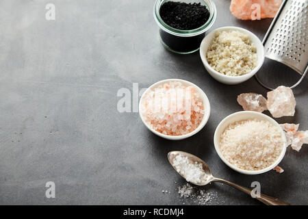 Schalen aus groben natürlichen Meer und Steinsalz auf Grau mit Kopie Raum und reibe einschließlich der schwarzen Lava Hawaii Salz, Indus Salz, Fleur de Sel, Flor de Sal Stockfoto