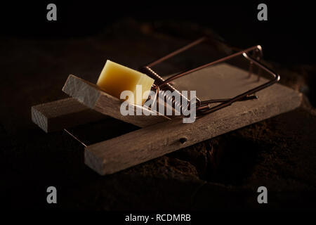 Nahaufnahme eines Holz- feder Mäusefalle Ködern mit Käse auf einem dunklen Hintergrund in ein Konzept der Schädlingsbekämpfung Stockfoto