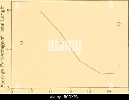 . Entdeckung berichten. Discovery (Schiff); Wissenschaftliche Expeditionen; Ocean; Antarktis; Falkland Inseln. 9 10 II la 13 14 ist die Länge der Wal in m Abb. 15. Männliche Buckelwale. Messung Nr. 13. Zentrum von Anus zu Zentrum der reproduktiven Aperture. Die Diagramme stammen aus gewonnenen Daten bei South Georgia DXVII. 10 II 12 13 14 15 Lengtti der Wal in m Abb. 16. Weibliche Buckelwale. Messung Nr. 13. Zentrum von Anus zu Zentrum der reproduktiven Aperture. Werden Daten aus Südafrika sind von O. angegeben. Bitte beachten Sie, dass diese Bilder aus gescannten Seite Bilder, die digital e wurden extrahiert werden Stockfoto