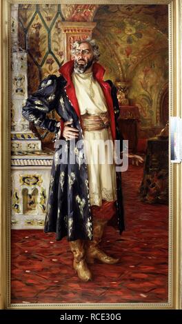 Portrait von Fyodor Shalyapin wie Boris Godunow in der Oper Boris Godunow von M.Mussorgsky. Museum: Staatliche Zentrale A. Bakhrushin Theater Museum, Moskau. Autor: Kharitonov, Nikolai Wassiljewitsch. Stockfoto