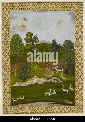 Gujari Ragini. Eine blaue dunkelhäutige Mädchen mit einem gelben Oberteil und Golden Rock ist auf der Couch der Blätter in einer Landschaft, die Fütterung eine Antilope sitzt; die anderen Tiere wie Pfauen, sammeln in Ihrer Nähe. c 1760. Opak Aquarell. Quelle: J. 36.5. Stockfoto